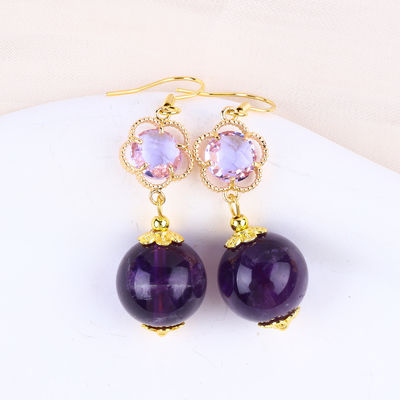 Handgemaakte Amethyst Natuurlijk Kristal 14MM Grote Ronde Vorm Perlen Korte Hoek Oorbellen Voor Juwelen Geschenk