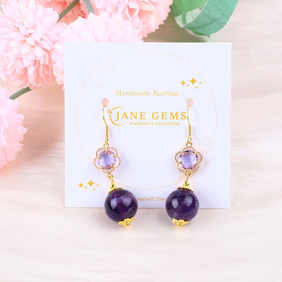 Handgemaakte Amethyst Natuurlijk Kristal 14MM Grote Ronde Vorm Perlen Korte Hoek Oorbellen Voor Juwelen Geschenk