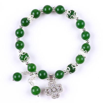 8mm Donkere groene jade steen met spinner bloem charme spirituele genezing Ronde vorm Stretch Perlen Armband