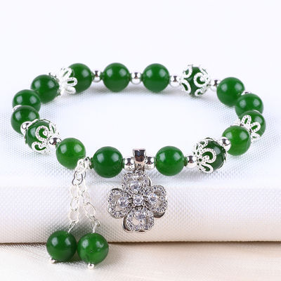 8mm Donkere groene jade steen met spinner bloem charme spirituele genezing Ronde vorm Stretch Perlen Armband
