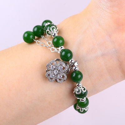 8mm Donkere groene jade steen met spinner bloem charme spirituele genezing Ronde vorm Stretch Perlen Armband