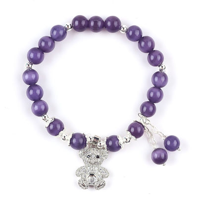 Edelsteen Paarse Kat Oog Met Beer Handgemaakte Ronde Vorm Stretch Perlen Armband Voor Juwelen Geschenk