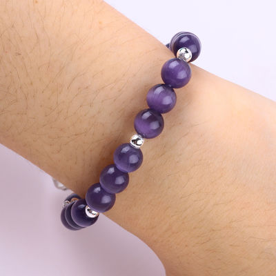 Edelsteen Paarse Kat Oog Met Beer Handgemaakte Ronde Vorm Stretch Perlen Armband Voor Juwelen Geschenk