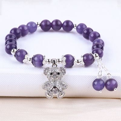 Edelsteen Paarse Kat Oog Met Beer Handgemaakte Ronde Vorm Stretch Perlen Armband Voor Juwelen Geschenk