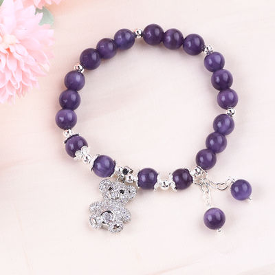 Edelsteen Paarse Kat Oog Met Beer Handgemaakte Ronde Vorm Stretch Perlen Armband Voor Juwelen Geschenk