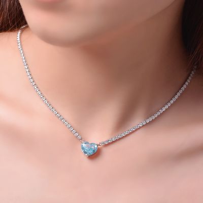 Elegant hart Aqua Blauw 925 Sterling Zilveren Hart Edelsteen Ketting